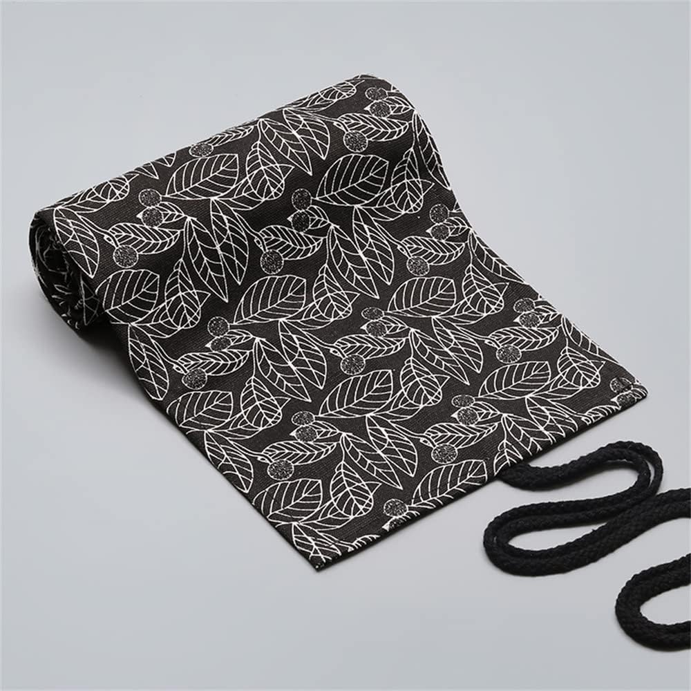 DIYOMR 24/36/72 Slots Pencil Wrap Pencil Rolls, Artist Colored Pencils Roll Up Bag Short Brushes Pouch Case Pencils Organizer for Drawing Coloring and Sketching (Black Leaves, 36slots)