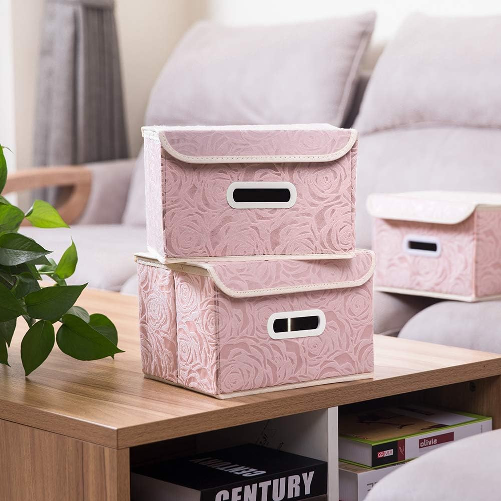 PRANDOM Foldable Storage Boxes with Lids [5-Pack] Fabric Decorative Storage Bins Cubes Organizer Containers Baskets with Cover Handles Divider for Bedroom Closet Living Room Pink 9.8x7.9x6.7 Inch