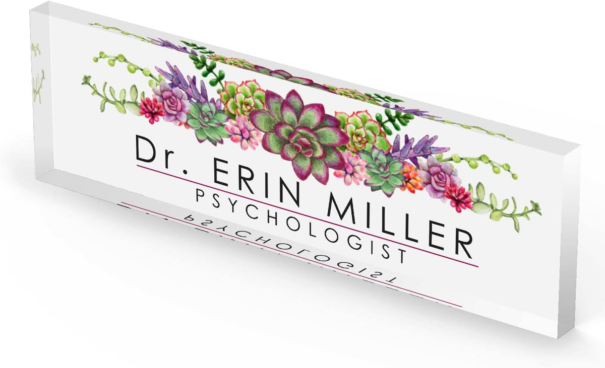Artblox Office Personalized Name Plate for Desk with Business Card Holder On Clear Acrylic Glass Succulents Flowers Design Custom Desk Name Plate with Your Name and Credentials Customized Gift