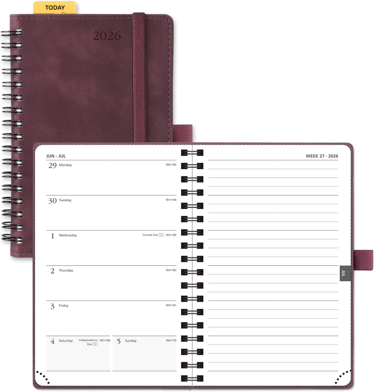 POPRUN 2026 Planner Weekly Notebook (Jan-Dec), Small Size 4''x 6.25'' - 2026 Pocket Calendar for Purse with Spiral Soft Cover, Plastic Ruler, Inner Pocket, 100 GSM - Claret