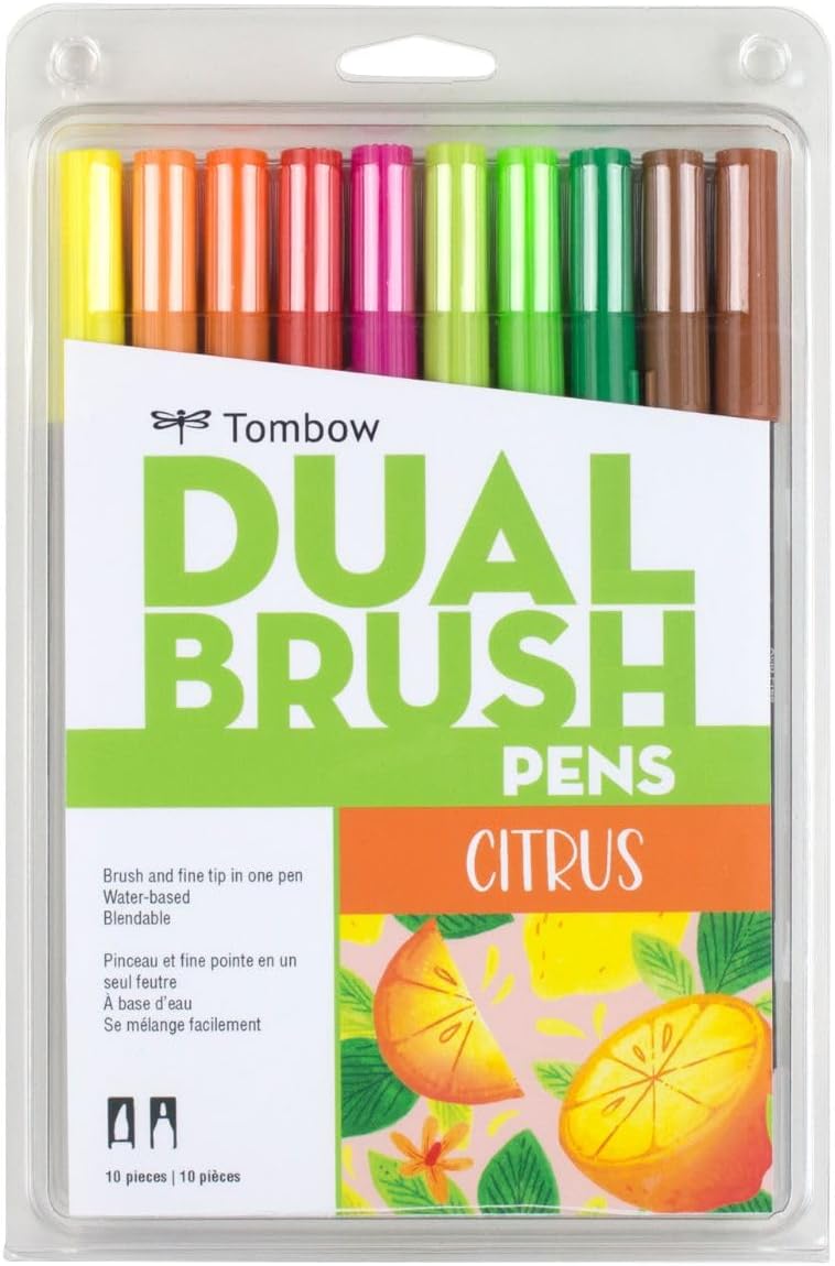 Tombow 56196 Dual Brush Pen Art Markers, Citrus, 10-Pack. Blendable, Brush and Fine Tip Markers