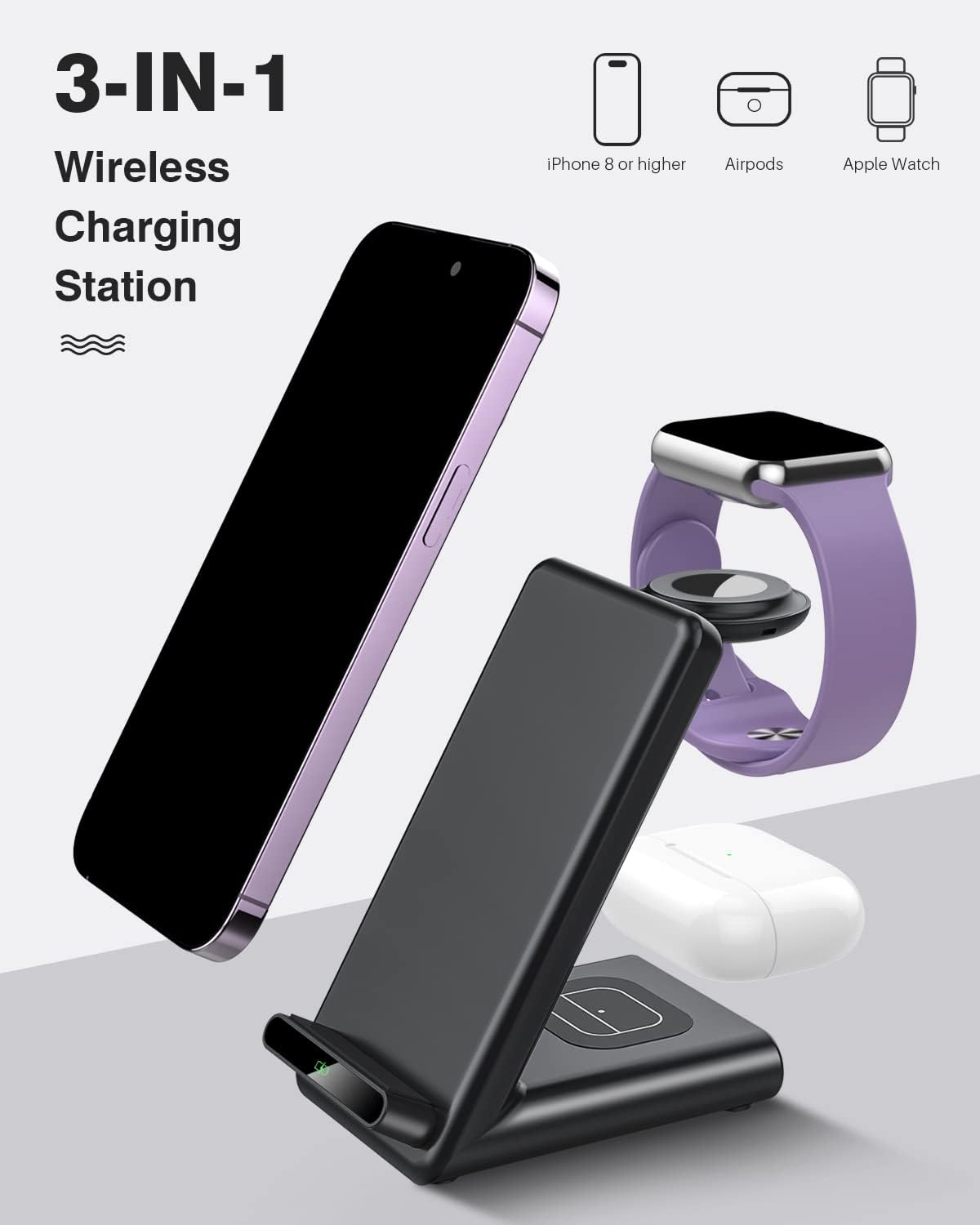 Wireless Charging Station,3 in 1 Charging Stand Made for Apple Watch Ultra 11 10 9 8 7 6 SE 5 4 3,Fast Wireless Charger Made for iPhone 17/Air/16/15/14/13/12,for AirPods Pro(with Adapter) (Black)