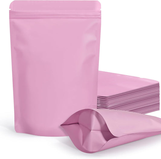 100 Pack Resealable Stand Up Bags,6.3" x 9.4" Smell Proof Pouch Sealable Foil Pouch Bags for Packaging (Pink)