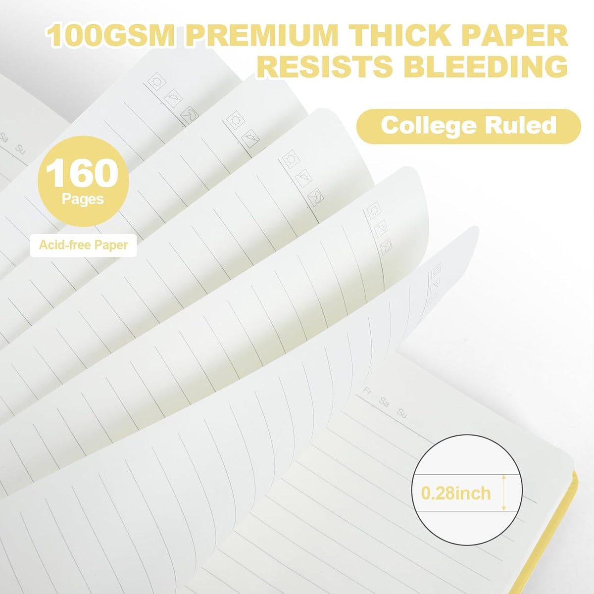 Lined Journal Notebook for Women Men,5.5"x8.3",100 GSM Thick Paper, A5 Hardcover Leather Journaling Notebooks for Writing,Travel,Work & School,College Ruled Notebooks for Note Taking Diary(Yellow)