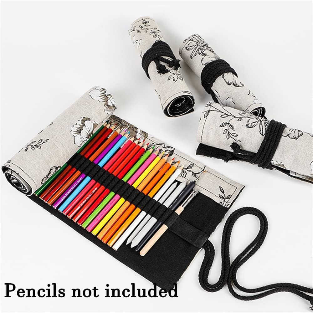 DIYOMR 24/36/72 Slots Pencil Wrap Pencil Rolls, Artist Colored Pencils Roll Up Bag Short Brushes Pouch Case Pencils Organizer for Drawing Coloring and Sketching (Peony Flower, 72slots)