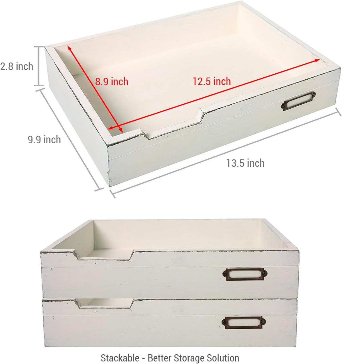 MyGift Rustic Wood Desktop Drawer-Style Stackable Document Letter Tray Organizer Storage Box with Handles for Home Office Supplies (Vintage White)