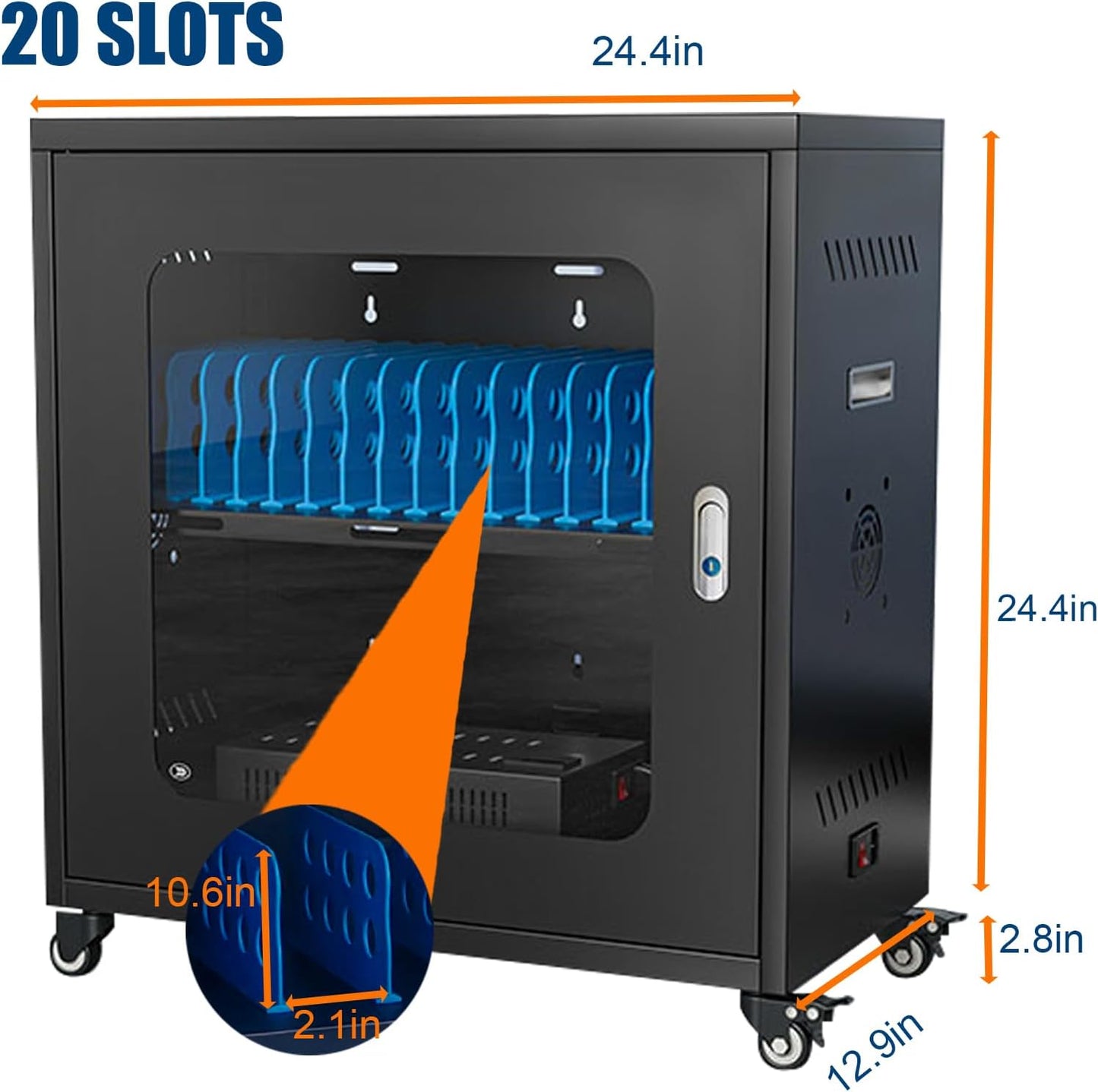 Cell Phone Fully Assembled Charging Storage Cart with Lock, USB Charging Station 20 Device Mobile with Wheels, Glass Cabinet Door Rechargeable Tablet & Laptop Locker Cabinet, for ClassroomOffice