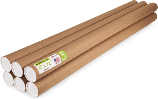 4" x 72" Reinforced Kraft Paper Mailing Tube, Pack of 6 Tubes with 12 Caps – Secure USPS Approved Poster Tube – Cardboard Tube for Shipping and Storing Posters, Prints, Artwork, or Documents