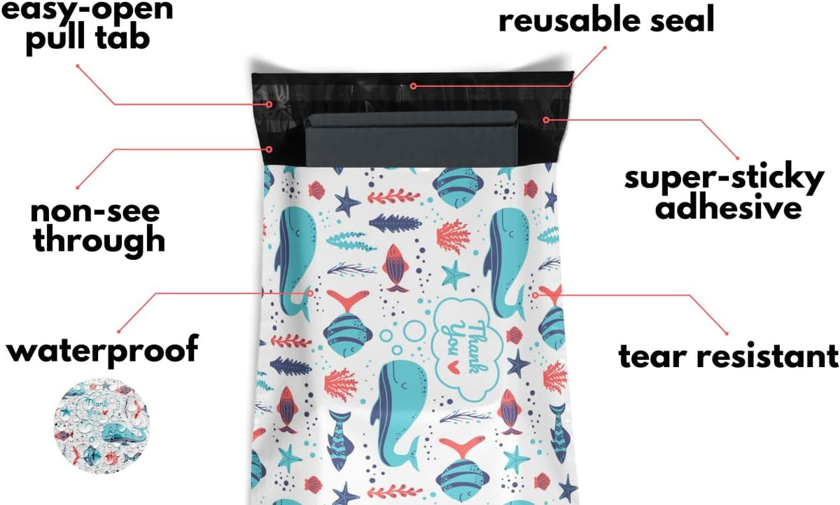 Poly Mailers 10x13 100 Pack | Self-Sealing Shipping Bags Envelopes for Small Business | Waterproof Durable Packaging | Thank You | Whale Fish Blue Sea Beach | à la mode Mailers