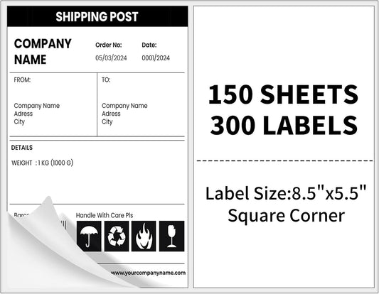 150 Sheets 300 Labels Half Sheet Self Adhesive Shipping Labels for Laser & Inkjet Printers, 8.5" x 5.5" Shipping Mailing Label, White