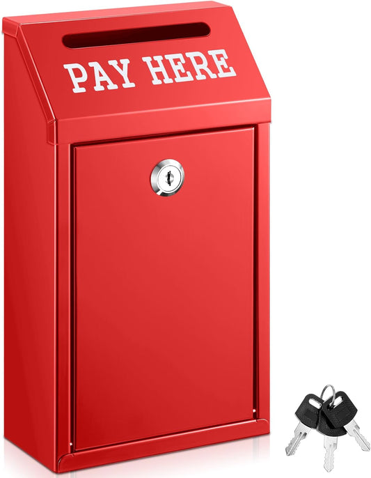 Safe Cash Box Money Collection Metal Donation Box with Lock Wall Mount Pre Drilled Mailbox Delivery Ballot for Home Office Outdoor Self Serve Stand(Red,10.2 x 5.7 x 2.8 Inch)