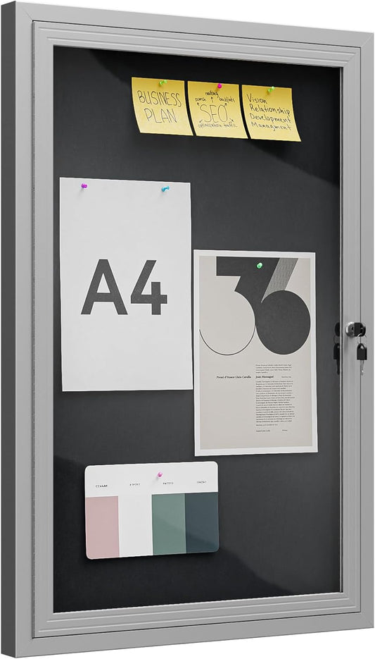 36"x24" Lockable Enclosed Bulletin Board, Outdoor Flet Weather-Resistant Aluminum Frame Notice Board, Wall Mounted Display Case Acrylic Doors for School,Office,Silver Frame w/Black Flet