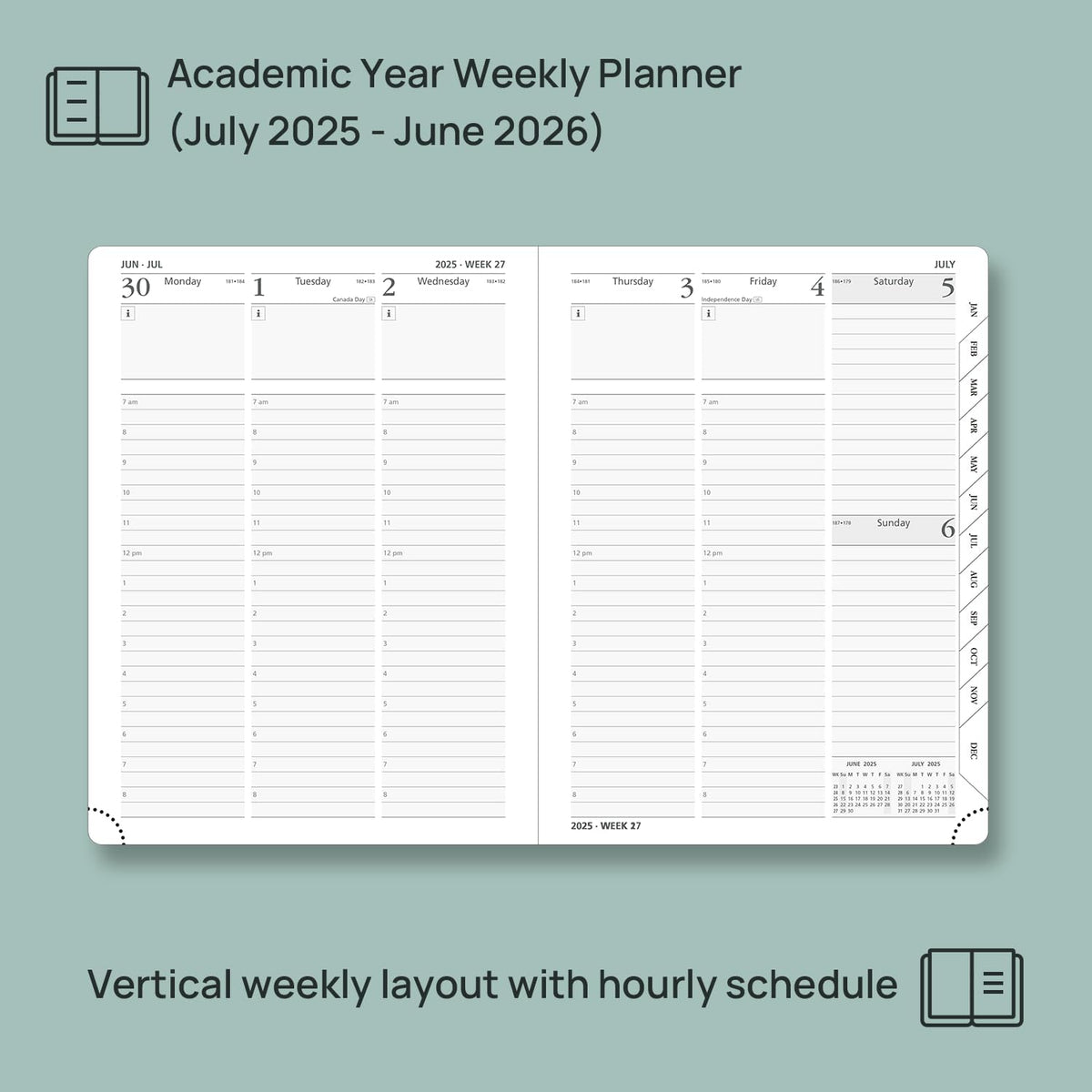 POPRUN Planner 2025-2026, (Medium 6.5'' x 8.5'' Hard Cover) Academic Calendar (July 25-June 26) Daily Weekly and Monthly Appointment Book with Hourly Time Slots, Monthly Tabs, 100 GSM - Pacific Green