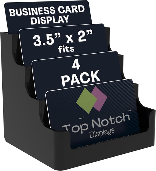 4 Tier Black Acrylic Business/Gift Card Holder, Fits standard-sized business cards or gift cards, For Use In Office, Retail, and Hospitality - Pack of 4