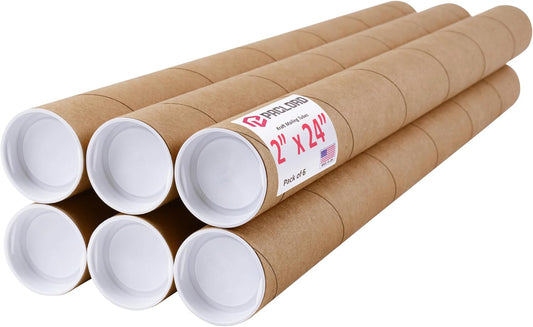 2" x 24" Reinforced Kraft Paper Mailing Tubes, Pack of 6 Tubes with 2 Caps Each – USPS Approved Poster Tube – Made in USA Cardboard Tube for Shipping and Storing Posters, Prints, Artwork, or Documents