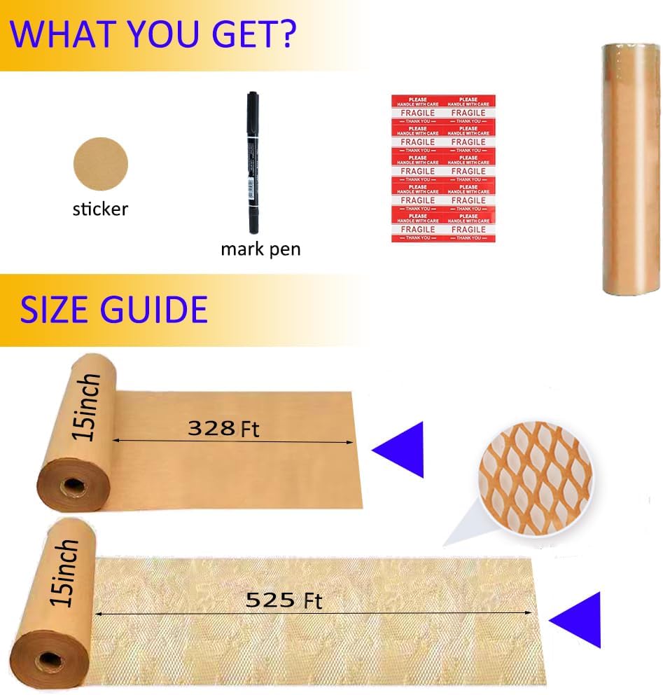 VVLIAM Honeycomb Packing Paper for Moving|Shipping 15" x 328"FT with Fragile Stickers dishes packing supplies instead of Bubble Wrap for wrapping Biodegradable Moving supplies (328FT)