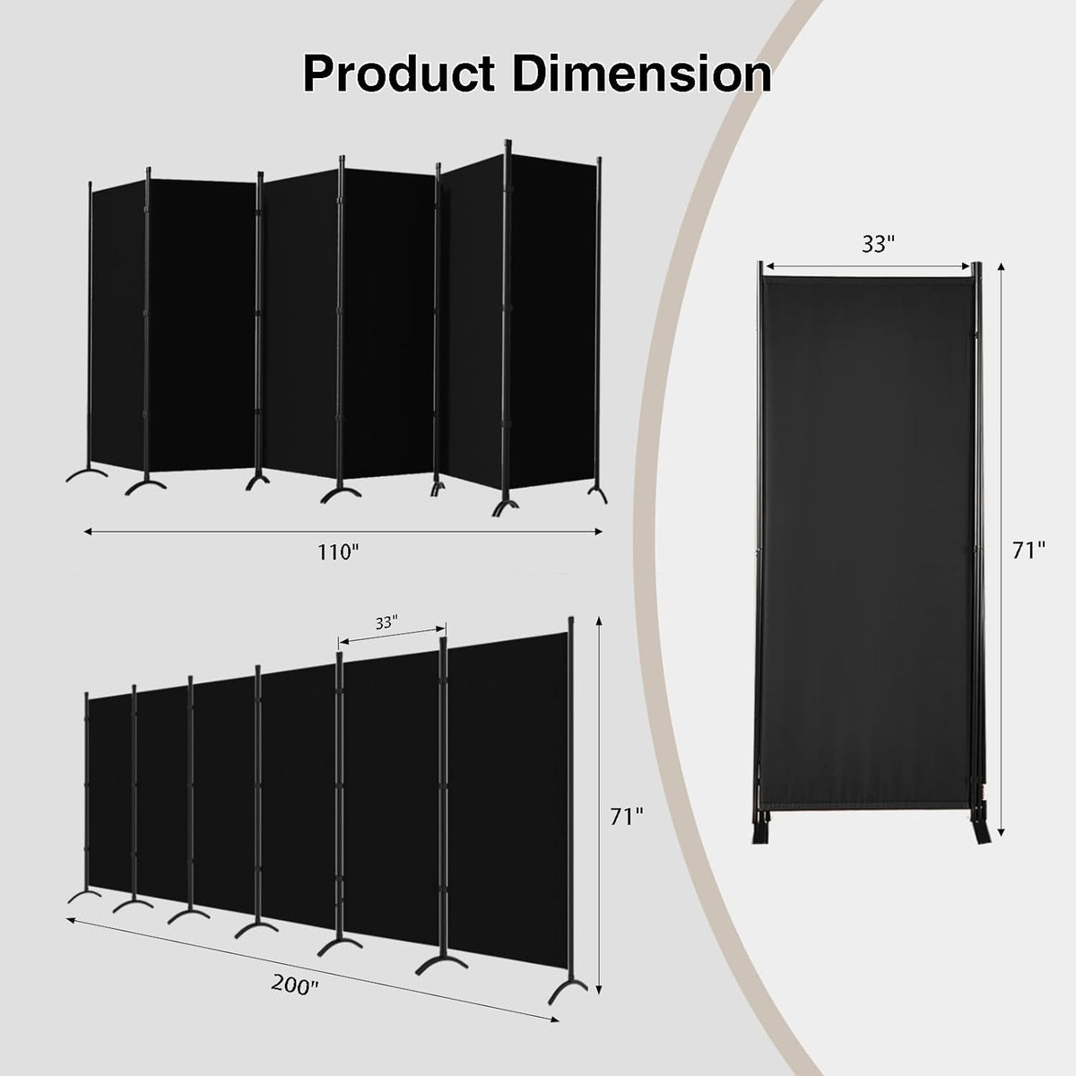 Room Divider 6-Panel Privacy Screen, Portable Screen Steel Frame with Hook&Loop for Home, Office, Classroom, Studio, Meeting (Black)