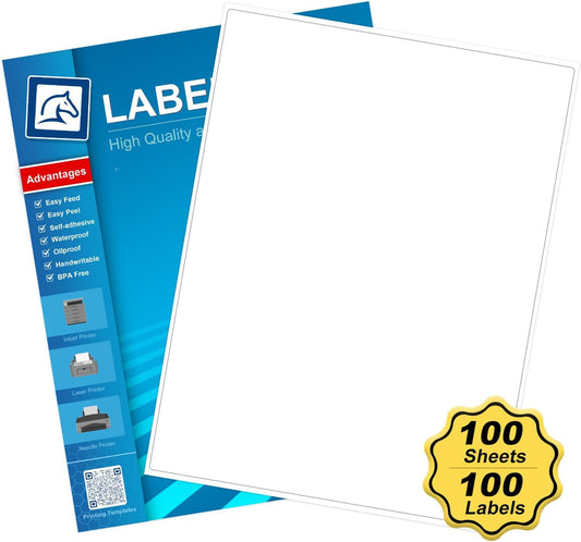 Full Sheets Sticker Paper for Laser & Ink Jet Printers 8.5" x 11", White Blank Mailing Labels Strong Adhesive Sticker Labels, 100 Sheets 100 Labels （HB-R001）