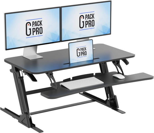 Standing Desk Converter – 38" Wide Stand Up Desk Riser – Quick Sit to Stand Tabletop Dual Monitor Workstation – Height Adjustable Up to 17.3" – Black