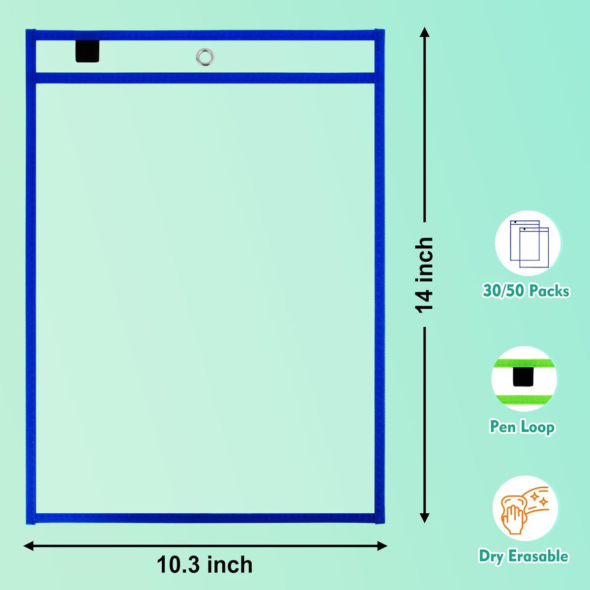 30 Packs Dry Erase Pocket Sleeves with 2-Ring, Reusable Clear Plastic Classroom Sleeves, 10x14 Inch Ticket Holders, for School/Office Organization