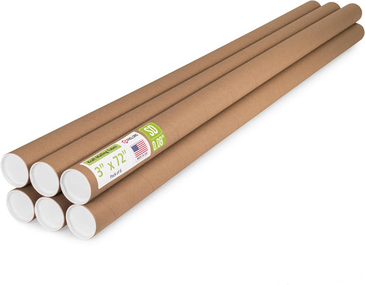 3" x 72" Reinforced Kraft Paper Mailing Tube, Pack of 6 Tubes with 12 Caps – Secure USPS Approved Poster Tube – Cardboard Tube for Shipping and Storing Posters, Prints, Artwork, or Documents