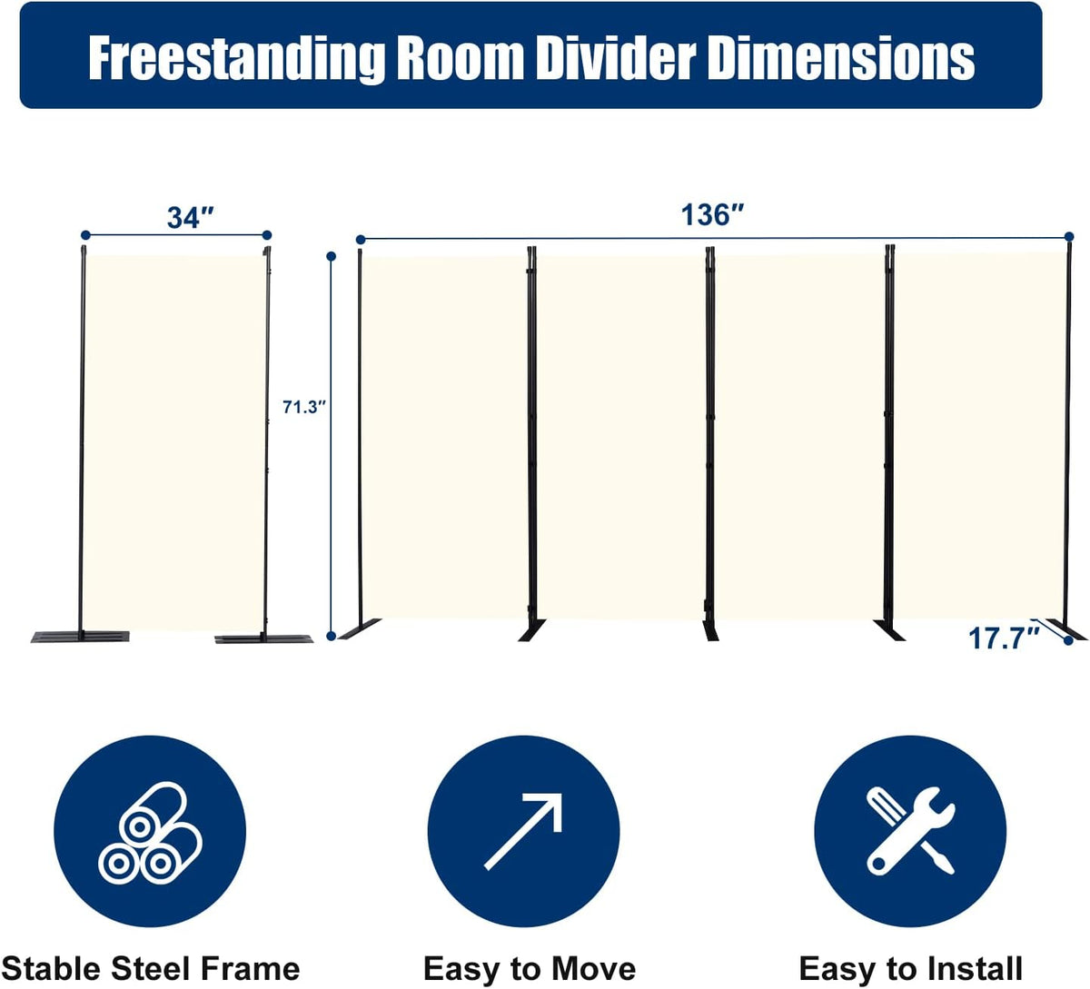 Room Divider 6FT Portable Room Dividers and Folding Privacy Screens, 136'' W Fabric Divider for Room Separation, 4 Panel Partition Room Dividers Freestanding Wall Divider Screen for Dorm Studio Office