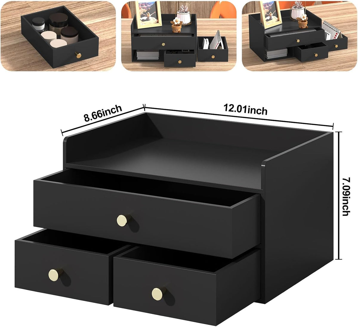 Bamboo Desk Organizer with Drawers Wooden Desktop Storage Organization Box for Bills Office Supplies Kitchen Utensils Organizing Tool for Home Classroom Vanity, No Assembly Required (3 Drawers, Black)