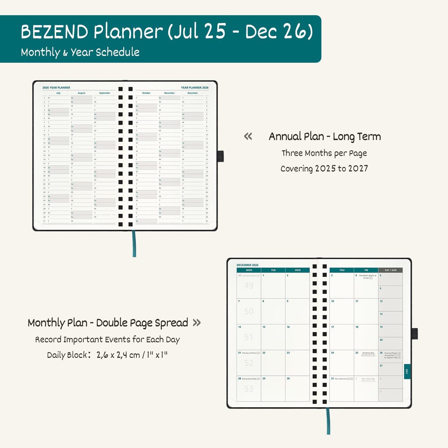 BEZEND Pocket Planner 2025-2026 Weekly with 2 Columns, 18-Month Academic Calendar (Jul 25-Dec 26), Life Work App., Storage Pocket, Pen Holder, PU Leather Softcover 3.5" x 6" Spiral - Fruit Green