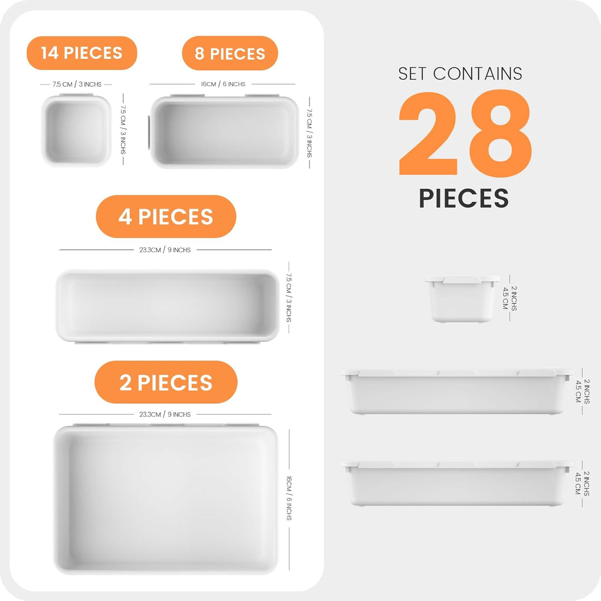 【28PCS】A-LUGEI Drawer Organizer, Bathroom Organizers and Storage, Makeup organizer, Desk drawer organizer, Storage Bins for Kitchen Office Bedroom Vanity Jewelry Pantry Garage【White】【4Size】