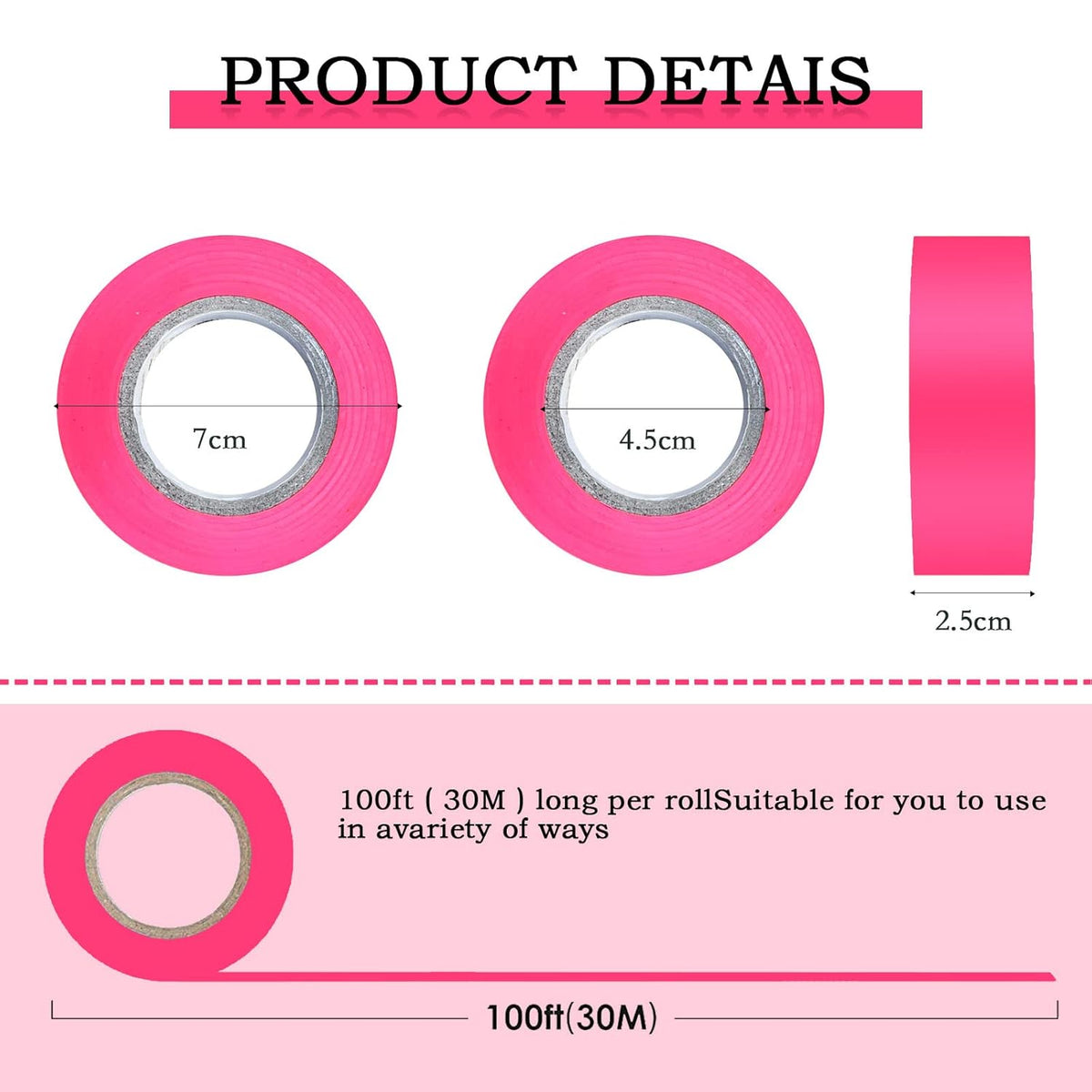 6 Pack Pink Flagging Tape, Non-Adhesive Plastic Ribbon Neon Marking Roll, 1inch*600ft, Marking Tape for Tree Marking, Hunting, Boundaries and Hazardous Areas,Trail Marking