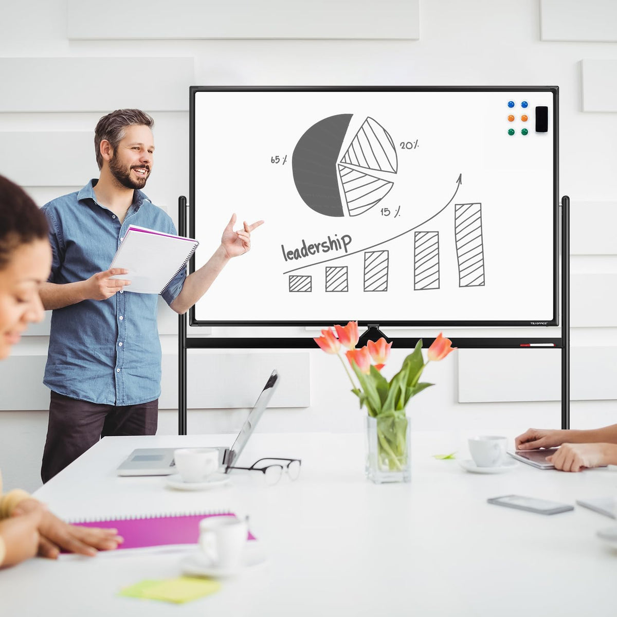 Large Dry-Erase Rolling Magnetic Whiteboard - 48 x 32 Inches Dry Erase Board with Stand Height Adjust Double Sides Mobile White Board Easel on Wheels with 25 Sheets Paper Pad Office, Home & Classroom