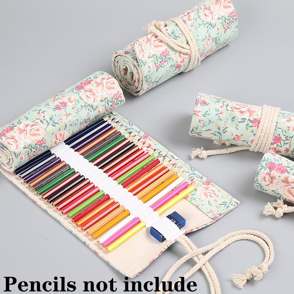 DIYOMR 24/36/72 Slots Pencil Wrap Pencil Rolls, Artist Colored Pencils Roll Up Bag Short Brushes Pouch Case Pencils Organizer for Drawing Coloring and Sketching (Small Floral, 72slots)