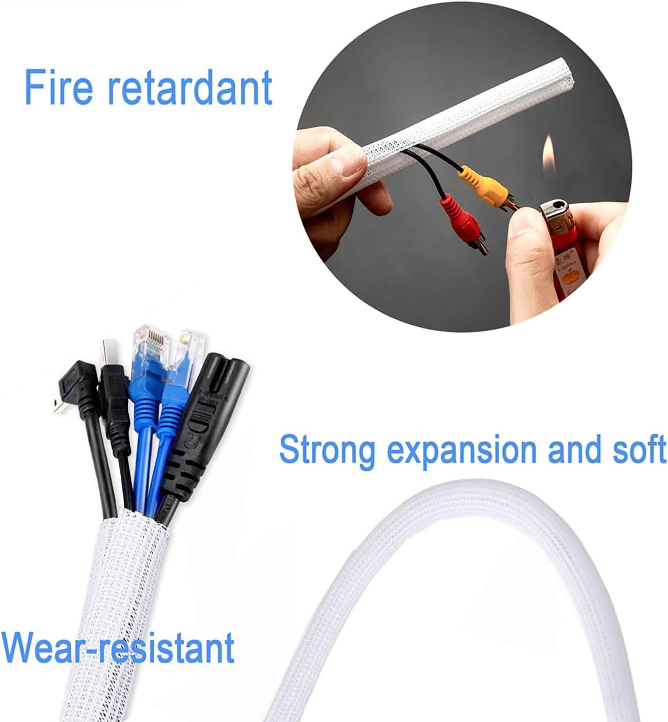 3/8"-50ft Braided Cable Sleeve Protector - Self-Wrapping Split Wire Loom for TV, Computer, Home Theater, Engine Bay - Heavy-Duty Cord Organizer, White