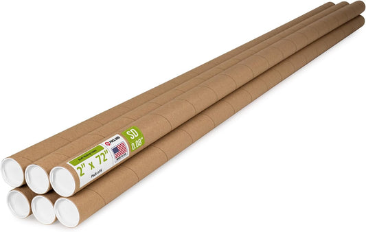 2" x 72" Reinforced Kraft Paper Mailing Tube, Pack of 6 Tubes with 12 Caps – Secure USPS Approved Poster Tube – Cardboard Tube for Shipping and Storing Posters, Prints, Artwork, or Documents