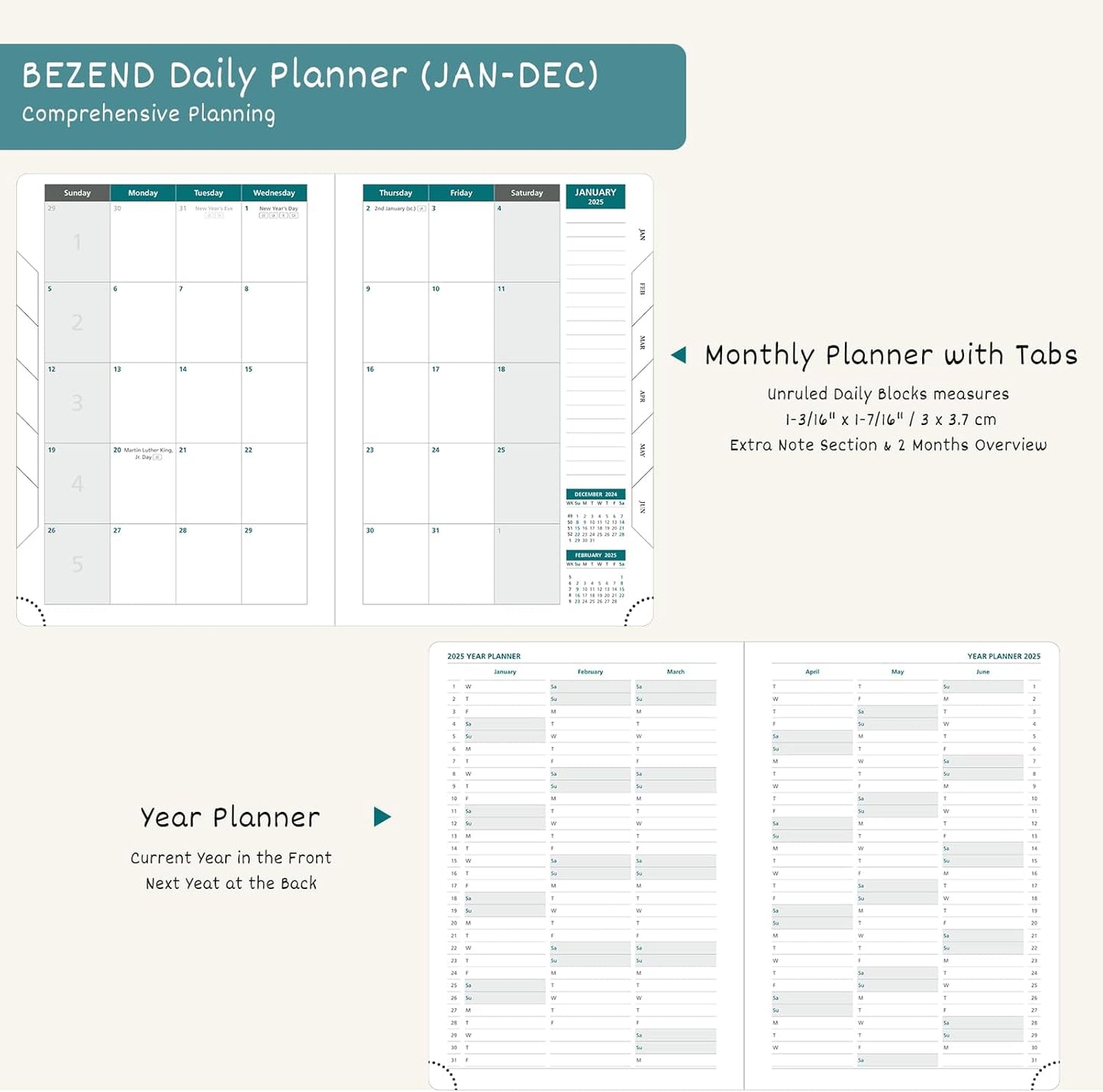 BEZEND Daily Planner 2026 (6" x 8.5") Full Page per Day Even Weekend (Jan-Dec) Monthly Calendar with Tabs, 2 Columns for Dual Schedule with Note, Vegan Leather Hardcover in Mustard