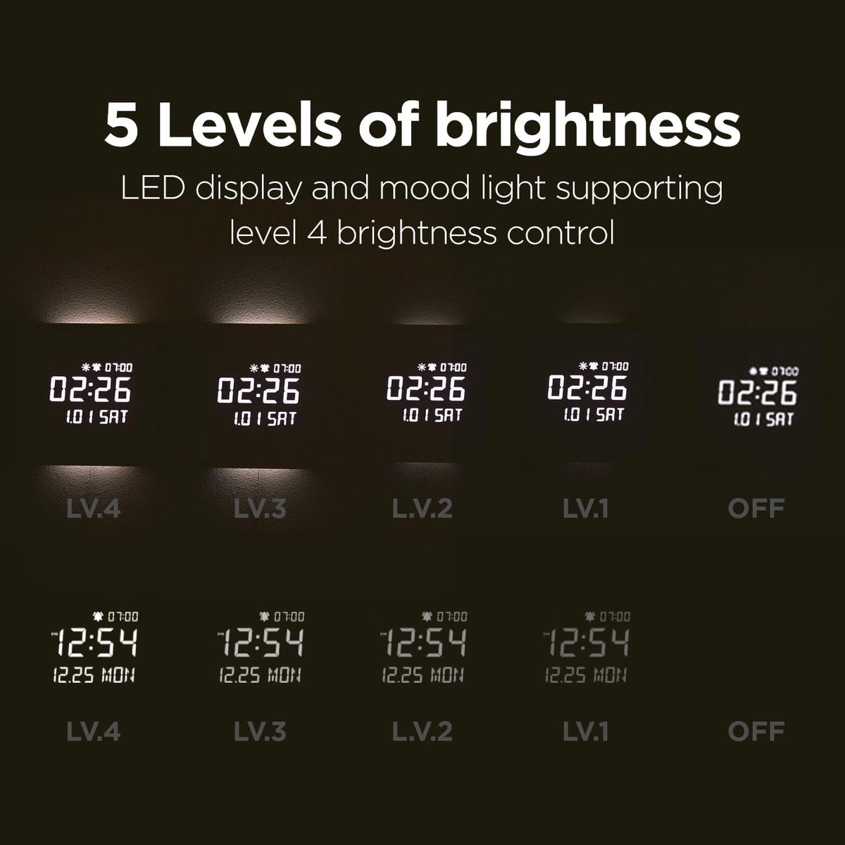 mooas Wooden Frame LED Silent Wall Clock with Remote, Backlit Nightlight, Modern Digital LED Wall Clock Display Sunrise Alarm Melody 5 Brightness for Bedroom Living Room (Wooden Frame Light Brown)