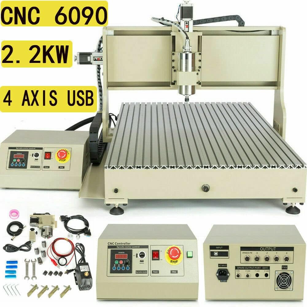 4 Axis Router Engraver USB CNC 6090, 2.2KW Engraver Milling Drilling Machine 3D Spindle Carving Drilling Machine For Wood Working Cutting Mill W/Remote Controller