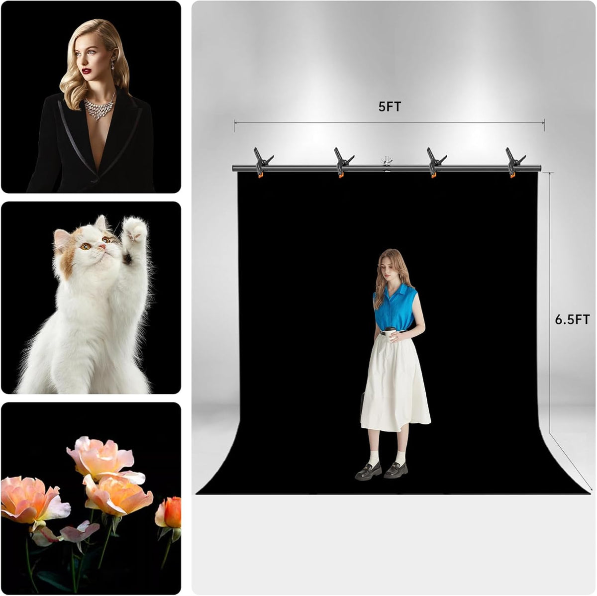 Black Screen Backdrop with Stand Kit, BEIYANG 5 X 6.5 Ft Portable Backdrop Stand Kit with Carrying Bag and 6 Clamps for Photo Shooting, Product Portrait, Video conferences and interviews