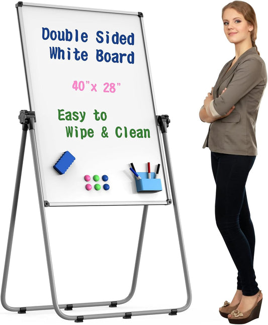 Double Sided White Board with Stand - 40x28 Portable Whiteboard Easel with Height Adjustable & 360° Rotation for Home Office Classroom, Standing Dry Erase Board for Presentation