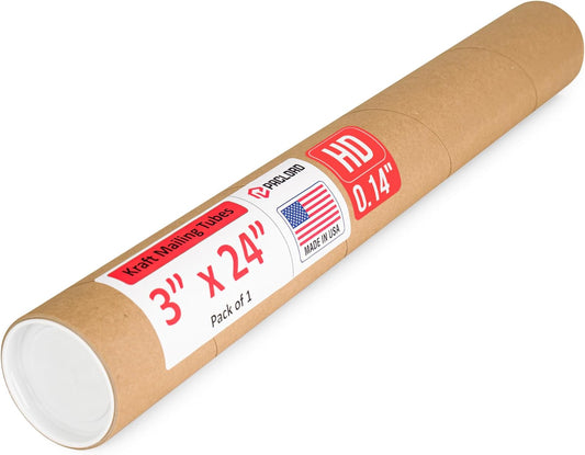 3" x 24" Heavy-Duty Reinforced Cardboard Mailing Tube, Pack of 1 Tube with 2 Caps – Secure USPS Approved – Great for Shipping and Storing of Prints, Artwork, Posters or Documents