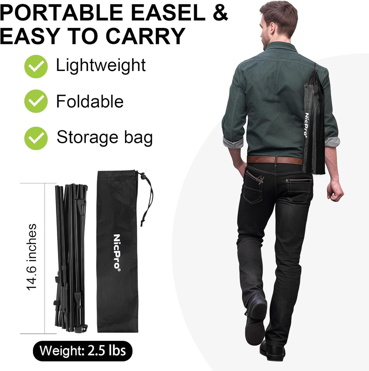 Nicpro Folding Easels for Display, 3 Pack 63 Inch Metal Floor Easel Stand Tripod Black Portable for Artist Poster Wedding with Carry Bag