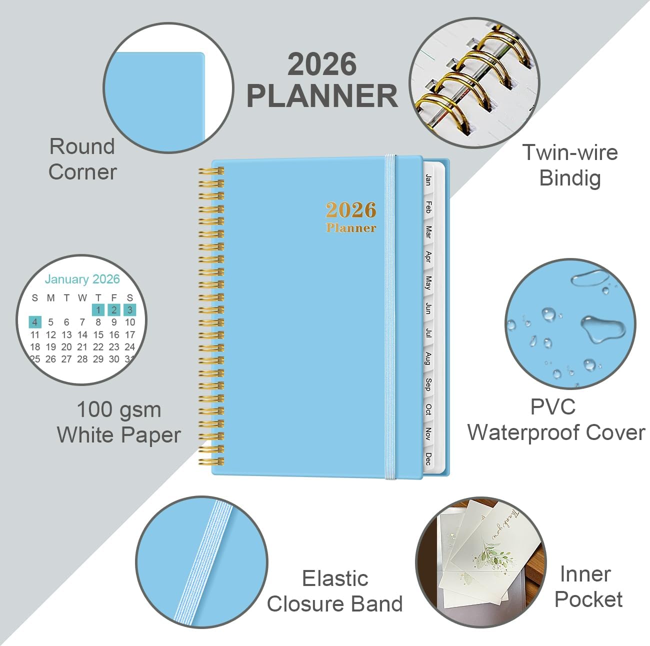 2026 Planner - Weekly and Monthly Calendar Planner from Jan 2026 - Dec 2026, Planner 2026 Spiral Bound with 12 Monthly Tabs, Inner Pocket, Perfect for School Office Supplies, 6.4" x 8.5", Blue