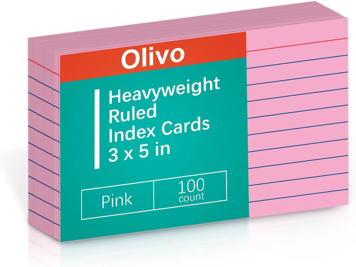 Pink Lined Index Cards 3x5 Ruled Note Cards 100 Count, 180 gsm Heavy Weight