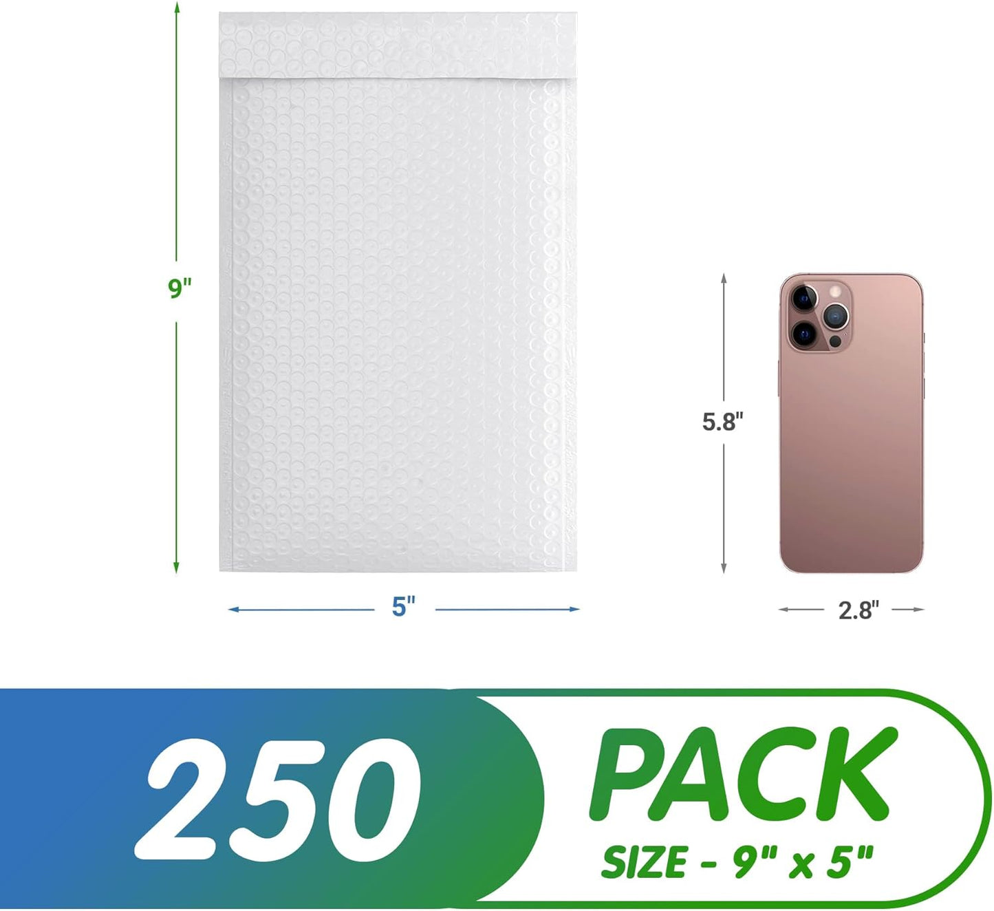 White Poly Bubble Mailers Self Seal, 5 x 9 Inch. Pack of 250 Bubble Packaging Envelopes for Shipping. Durable Padded Envelopes Waterproof. Self Seal Padded Mailers. Shipping Packages