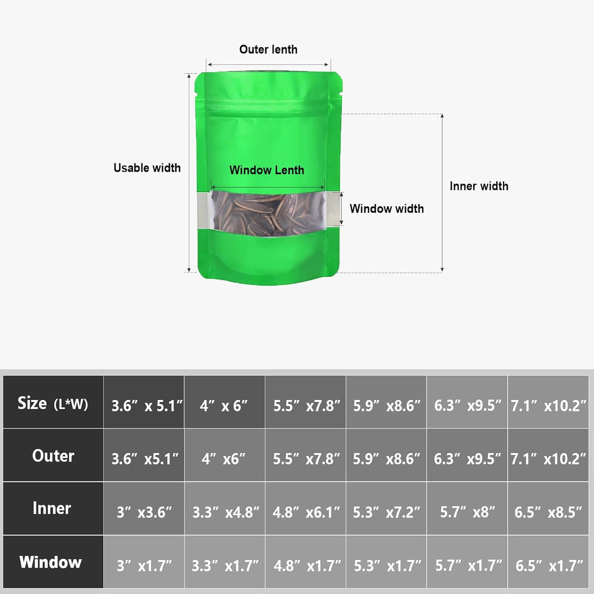 5.5"x7.8" 120pcs Mylar Bags for Food Storage,Smell Proof Bag with Matte Window Resealable Food Storage Bags for Small Business, Stand-up Foil Pouch Packaging Freeze Dried Candy Bag（Green）