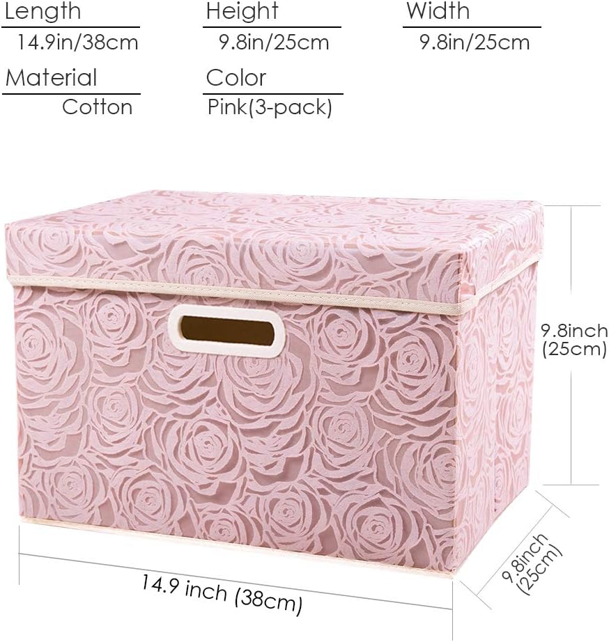 PRANDOM Collapsible Storage Boxes with Lids Fabric Decorative Storage Bins Cubes Organizer Containers Baskets with Cover Handles Divider for Bedroom Closet Living Room 14.9x9.8x9.8 Inch 3 Pack