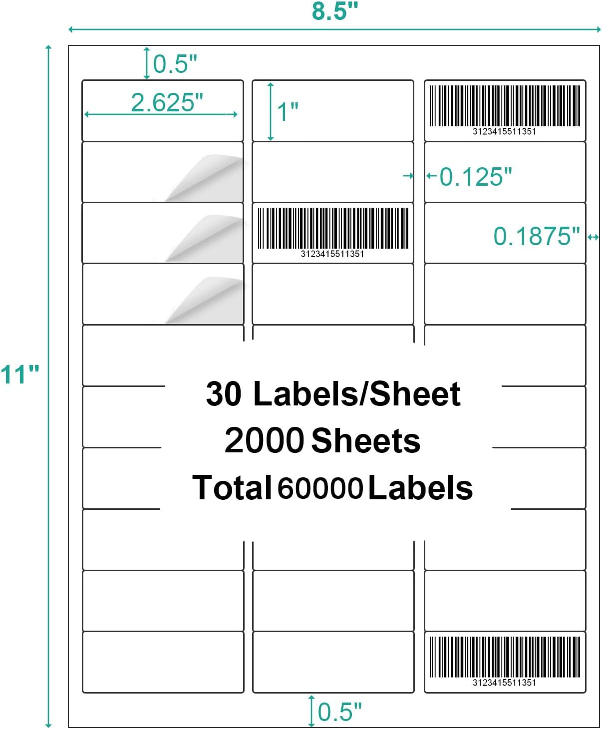 1" X 2-5/8" Address Labels,30 UP Shipping Label for Laser/Inkjet Printers,White Blank Mailing Label,30 Labels per Sheet(2000 Sheets)