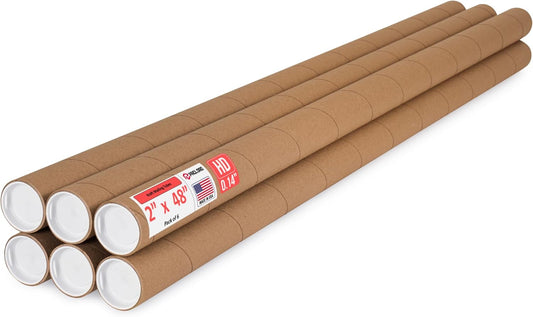 2" x 48" Heavy-Duty Reinforced Cardboard Mailing Tube, Pack of 6 Tubes with 12 Caps – Secure USPS Approved – Great for Shipping and Storing of Prints, Artwork, Posters or Documents
