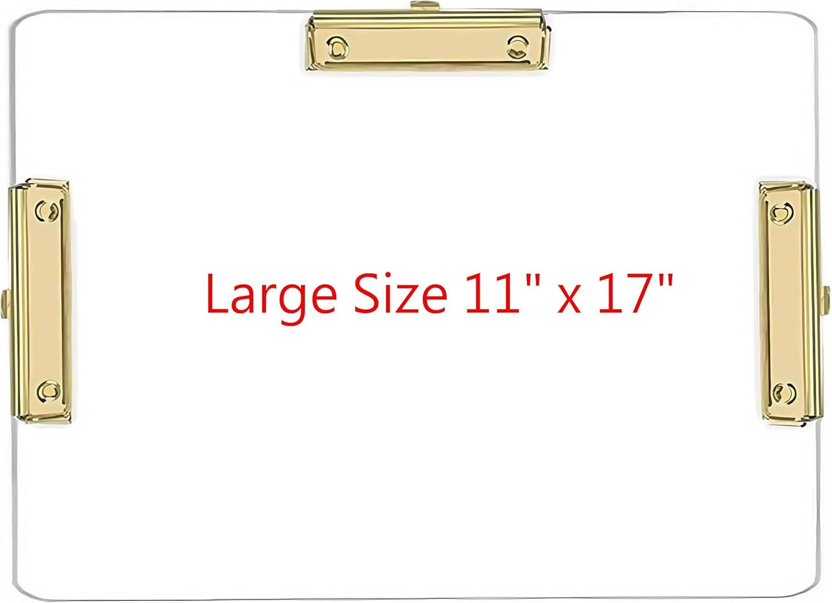 JIARI 1 Pack Clear Acrylic Horizontal with 3 Clip Clipboard Large Size 11" x 17" (3 Clip-Gold 1 Pack)