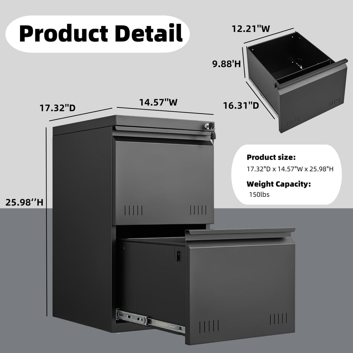 2 Drawer File Cabinets for Home Office, Vertical File Cabinet with Lock, Printer Stand, Office Storage Cabinet for A4/Letter/Legal Size, Under Desk Filing Cabinet, Assembly Required(Black)
